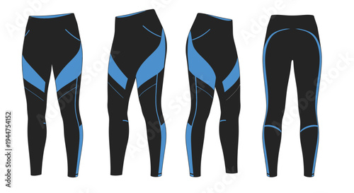 Four views of black and blue athletic leggings mockup.