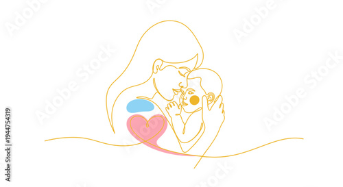 Continuous Line Mother and Baby Loving Connection Illustration