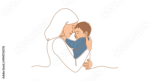Mother and Child Caring Embrace Continuous Line Illustration
