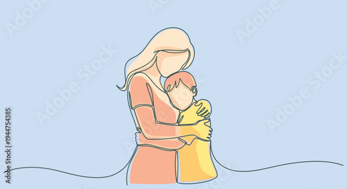 Continuous Line Mother and Child Embrace Vector Illustration