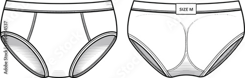 Men's briefs, medium size, front and back view, fashion underwear sketch, clothing template, comfortable garment design, illustration mockup vector