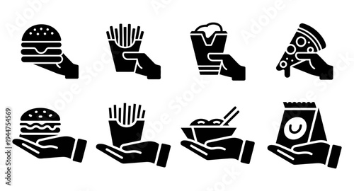 Fast food delivery and takeaway flat line Vector icon set with burger, pizza, and drinks Hand holding fast food meal symbols for restaurant menu and online ordering app