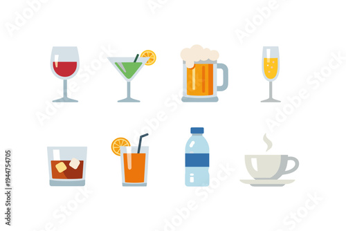 Collection of diverse beverage icons including alcoholic and non-alcoholic drinks
