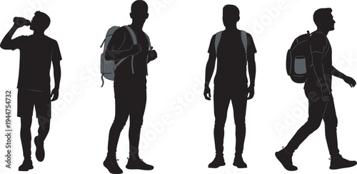 Set of black silhouettes featuring young men with backpacks hiking walking and drinking water isolated on white background for travel and adventure concepts