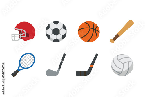 Collection of diverse sports equipment and balls on a white background