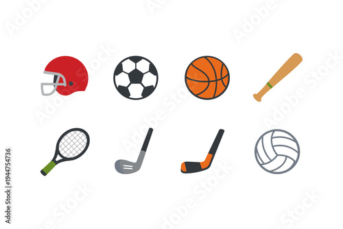 Collection of diverse sports equipment icons on a white background