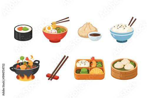 Collection of delicious Asian food dishes and ingredients, illustrated in a flat design style