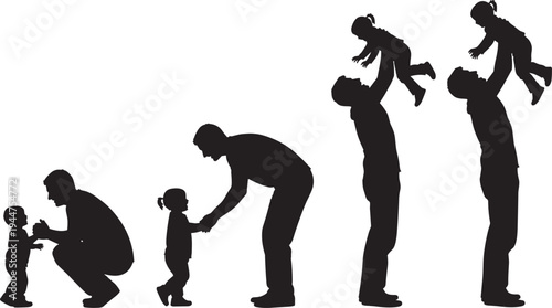Set of black silhouettes showing a father playing with his young daughter by lifting her up and holding hands for family bonding concepts.