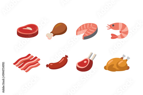Collection of various raw and cooked meats and seafood icons
