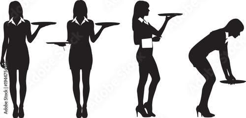 Set of black silhouettes showing a professional waitress in uniform carrying trays in various poses including standing and bending isolated on white background.