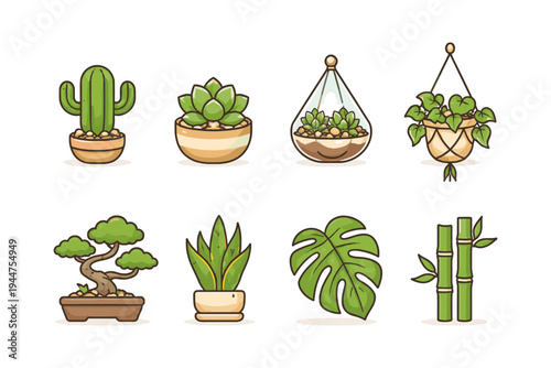 Collection of cute potted plants and botanical elements in a simple cartoon style