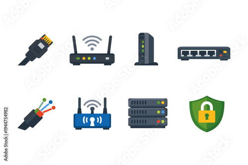 Collection of network hardware icons including routers, cables, servers, and security shield