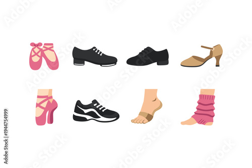 Collection of diverse footwear for various activities and dance styles