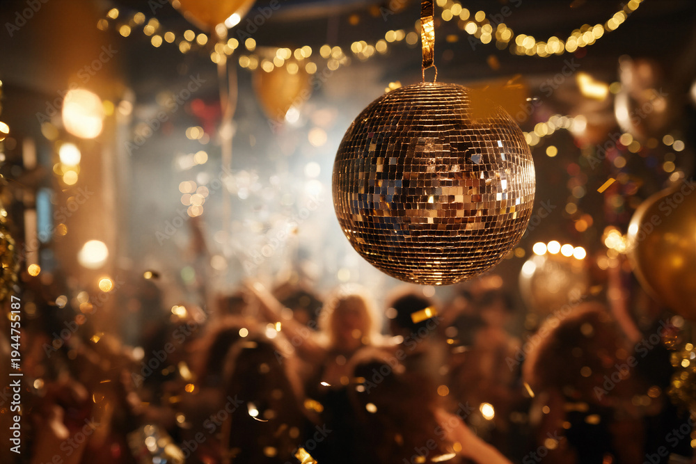 Obraz premium Golden Disco Ball Party: New Year's Celebration with Dancing, Confetti, and Balloons