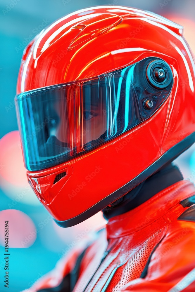 Fototapeta premium Futuristic motorcyclist wearing a glossy red helmet and matching suit, showcasing advanced design elements against a vibrant, blurred urban backdrop