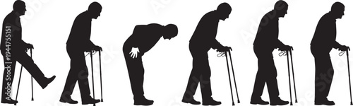 Set of black silhouettes showing an elderly man using a walking cane in different poses and movement stages isolated on white background for geriatrics.