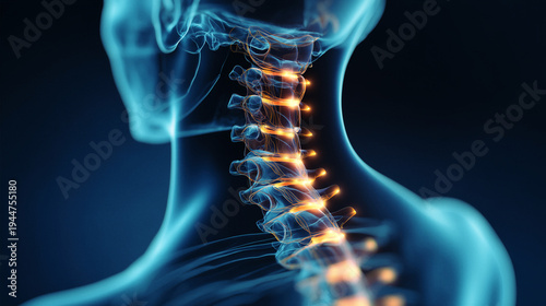 3D X-ray of Human Spine with Glowing Orange Accents on Blue Background - Medical Concept