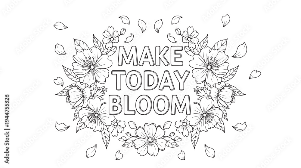 Obraz premium Black and white adult coloring page featuring a floral design with the motivational text 'MAKE TODAY BLOOM', ideal for relaxation and creativity.