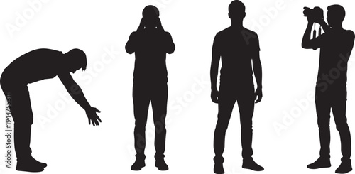 Set of black silhouettes showing men in different poses including bending over standing still and a photographer with camera isolated on white background for lifestyle