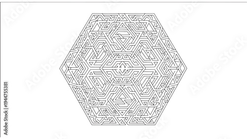 A detailed hexagonal mandala design for adult coloring books, featuring intricate patterns on a white background, ideal for relaxation and art therapy.