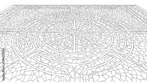 A detailed and intricate adult coloring page featuring a complex maze design with a geometric pattern, presented in black and white, perfect for relaxation and creativity.