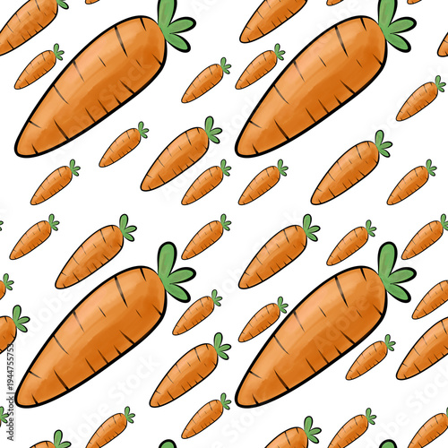 Seamless vegetable pattern with carrot, eggplant, tomato and chili pepper, colorful hand drawn watercolor illustration, fresh farm vegetables, organic healthy food background, repeating pattern, brigh