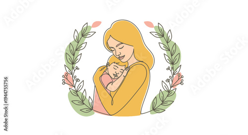Soft Botanical Frame Mother Child Hug Vector