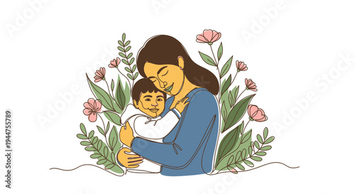 Mother Child Hug Surrounded by Flowers Vector