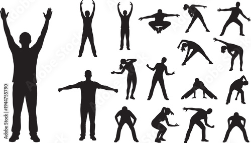Large set of black silhouettes showing diverse people in various exercise poses including stretching jumping and celebrating isolated on white background for fitness concepts.