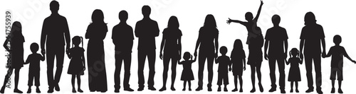 Large diverse collection of community member silhouettes including parents children and toddlers standing and holding hands together isolated on white background for social unity
