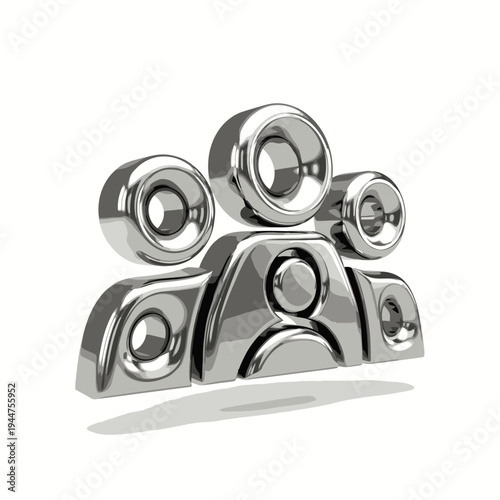 Sleek three-dimensional chrome metallic icon representing a connected group of users, ideal for modern digital community platforms, social networking applications, and user profile interfaces