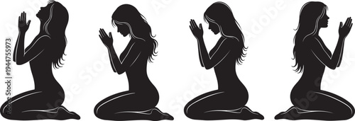 Set of elegant female silhouettes in various kneeling and praying poses with hands together isolated on white background for spirituality faith and meditation concepts.