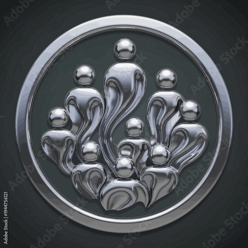 Shimmering metallic chrome abstract group icon, symbolizing a modern digital community and interconnected network. Ideal for collaborative platforms and user content applications