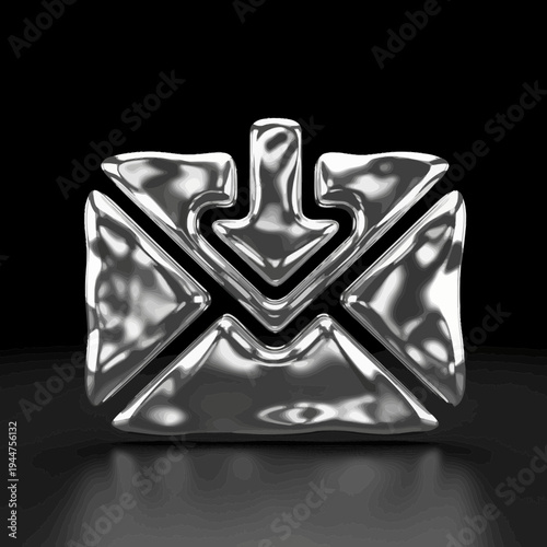 Chrome Metallic Mail Icon with Down Arrow Symbol, Digital Communication and Data Transfer Concept
