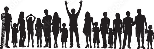 Large diverse collection of community member silhouettes including men women and children standing together and celebrating with arms raised isolated on white background for unity.
