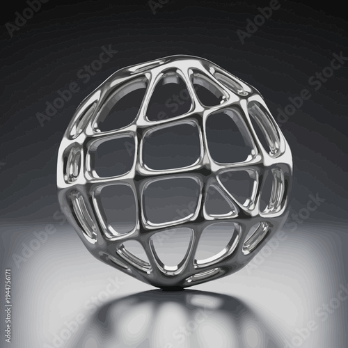Fluid metallic chrome sphere with an intricate organic lattice structure, creating a modern abstract design reflecting light in a sophisticated digital render