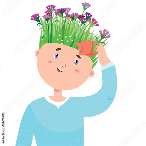 A boy waters his hair from a watering can and it grows like grass