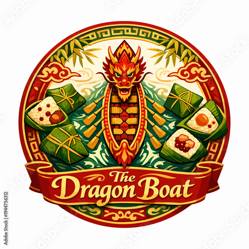 Traditional dragon boat emblem with ornate border and zongzi rice dumplings, honoring heritage, teamwork, cultural pride, festive celebration, and ancient symbolism