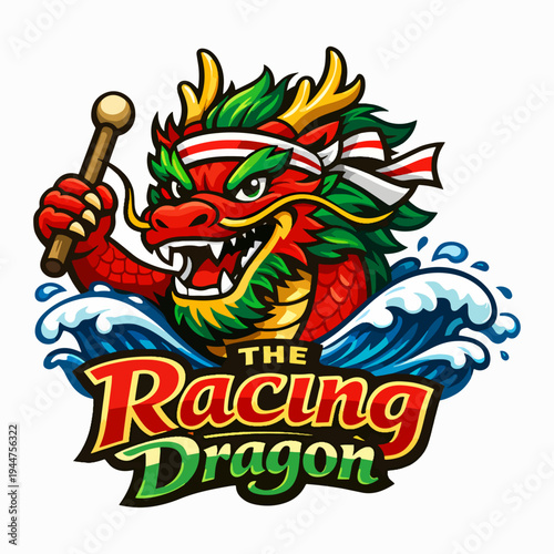 Dynamic racing dragon illustration with fierce mythical creature riding ocean waves, celebrating strength, speed, cultural legend, festival spirit, power, and vibrant energy