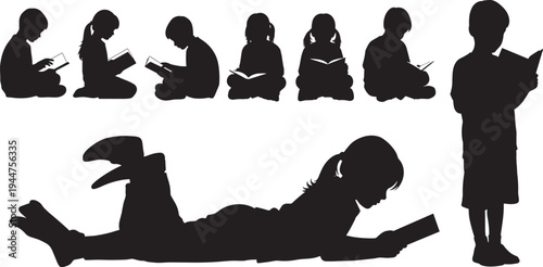 Large collection of diverse young children silhouettes in various sitting and standing poses reading books for education, literacy, school, and academic learning concepts