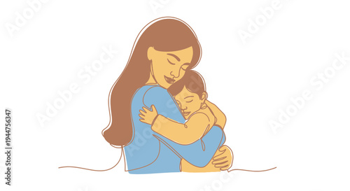 Continuous Line Mother Hugging Child Loving Relationship Illustration