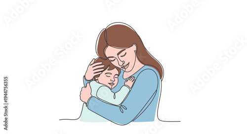 Continuous Line Mother Hugging Child Sweet Hug Illustration