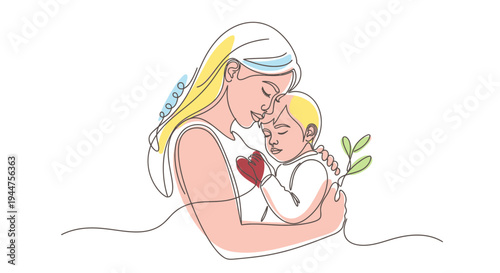 Continuous Line Mother Hugging Child Romantic Love Illustration