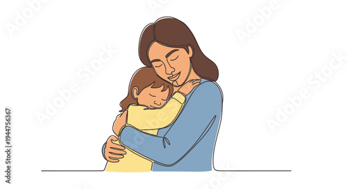Continuous Line Mother Hugging Child Vector Illustration