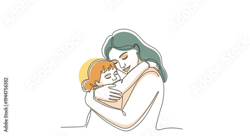 Continuous Line Mother Hugging Child Warm Affection Illustration