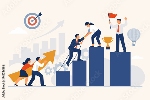 Concept of corporate success and teamwork with business people helping each other climb a bar graph to reach a goal, featuring a target, trophy, and upward arrow in a flat vector illustration.