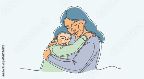 Continuous Line Mother Hugging Child Minimal Vector Illustration