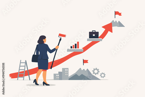 Businesswoman painting her own career path with a rising red arrow towards a mountain peak goal. Concept of self-made success, professional growth, ambition, and strategic planning in business.