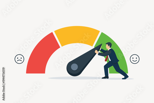 Businessman Pushing Gauge Needle from Poor to Good Rating Representing Credit Score Improvement, Customer Satisfaction, Performance Evaluation, Risk Management, and Financial Success Concept