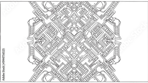 A detailed and complex black and white adult coloring page featuring intricate geometric patterns and designs on a clean white background, perfect for relaxation and creativity.